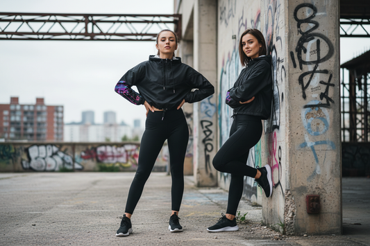 Two women in black VGF cropped windbreaker