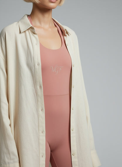 Detail shot of Vina Halter Flare Jumpsuit – VGF