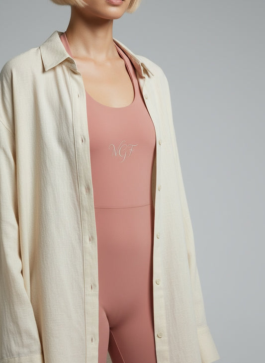 Detail shot of Vina Halter Flare Jumpsuit – VGF