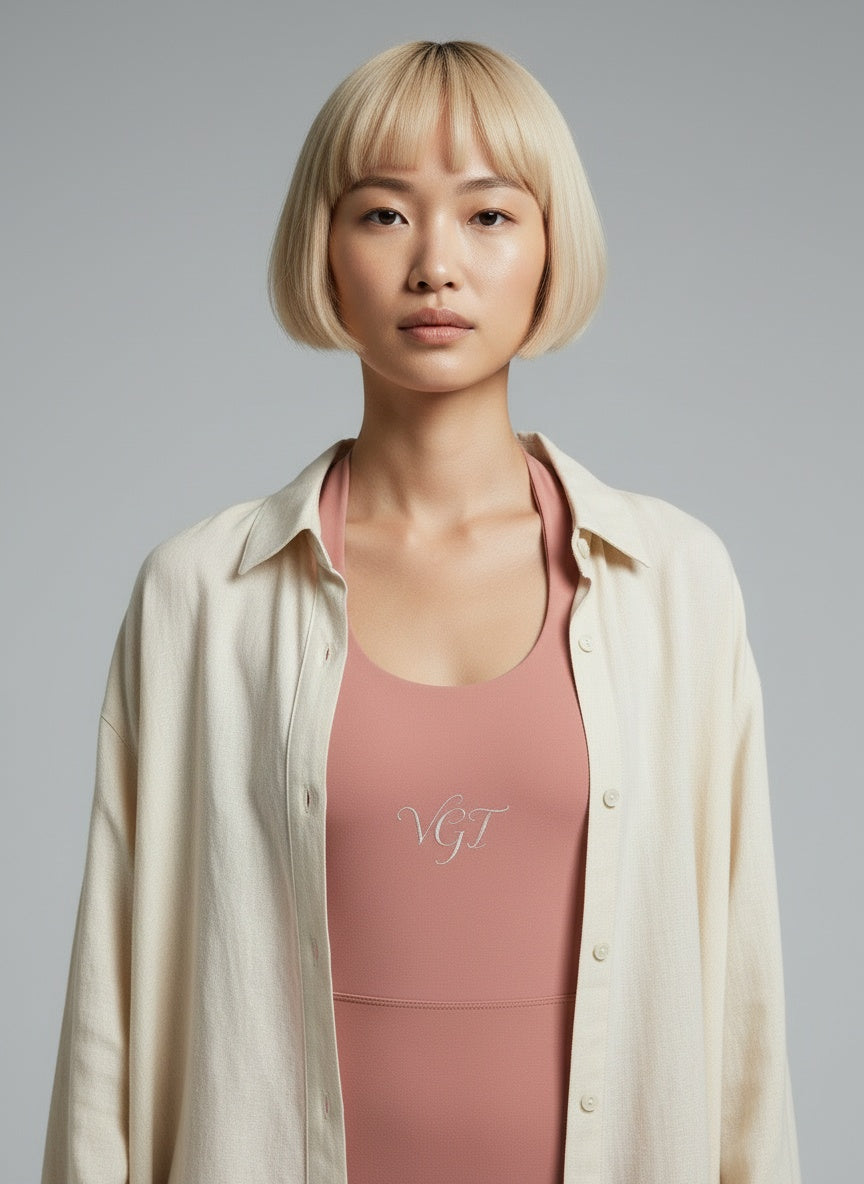 Close-up of the model wearing Vina Halter Flare Jumpsuit – VGF