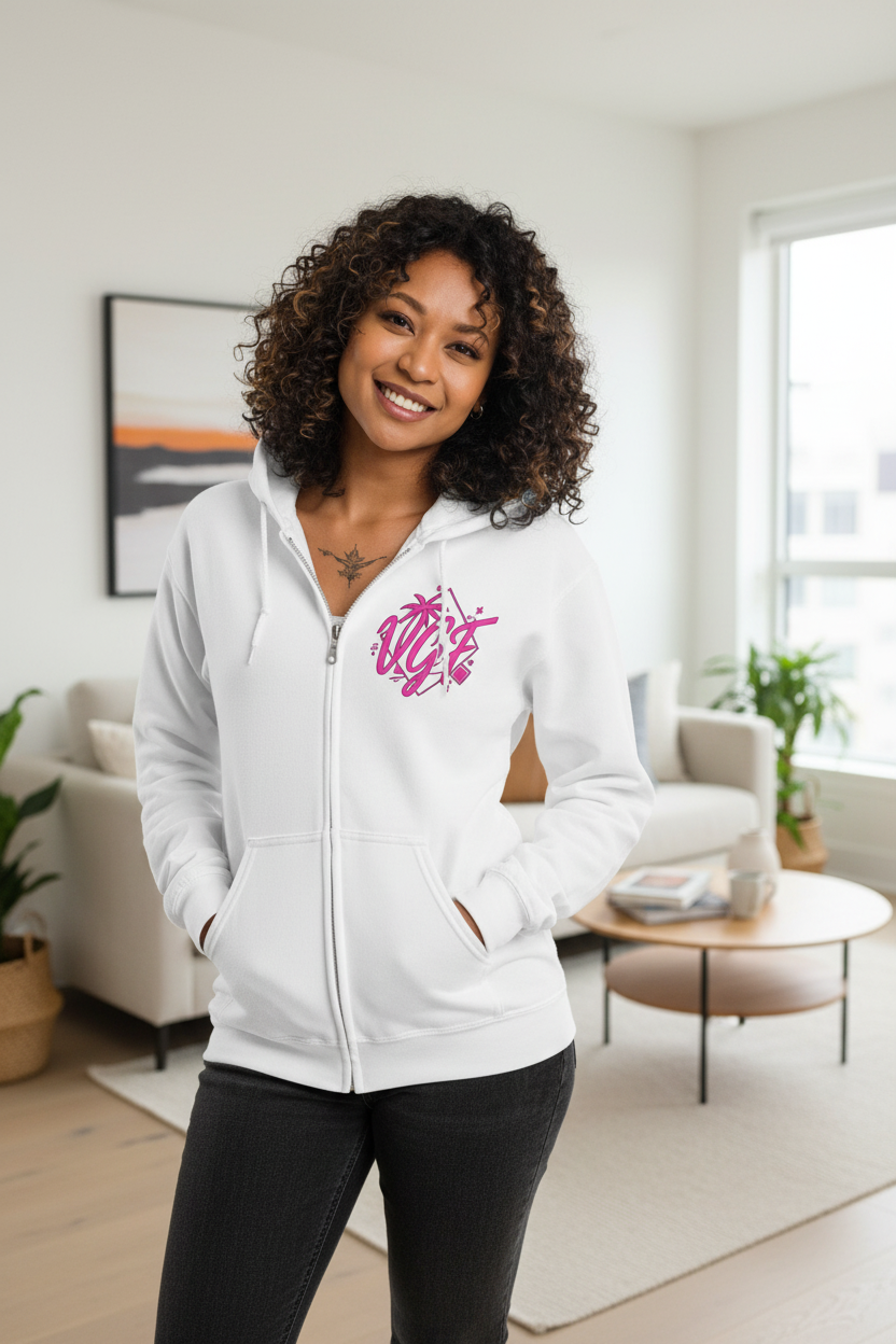 VGF White Zip Hoodie Lifestyle 1