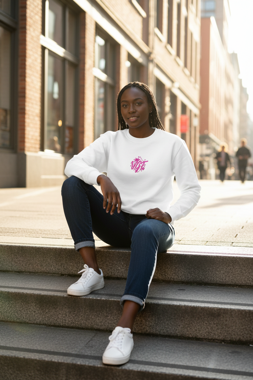 White sweatshirt - city steps