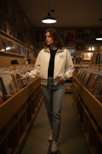 Woman in vinyl store wearing VGF jacket